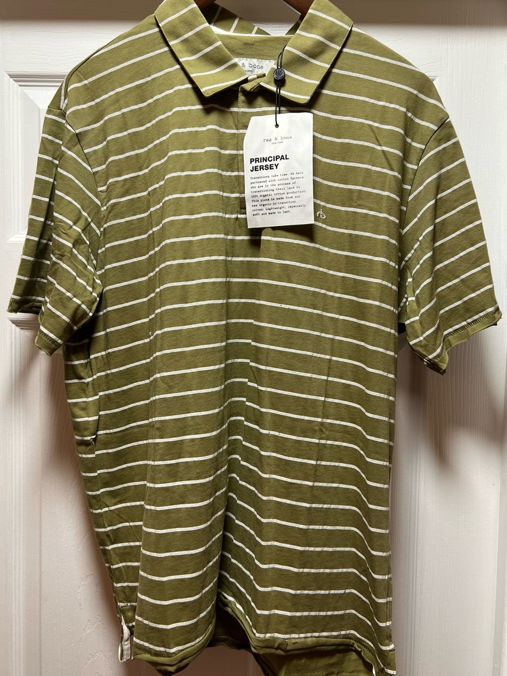 rag & bone Olive Green and White Striped Polo Shirt NWT